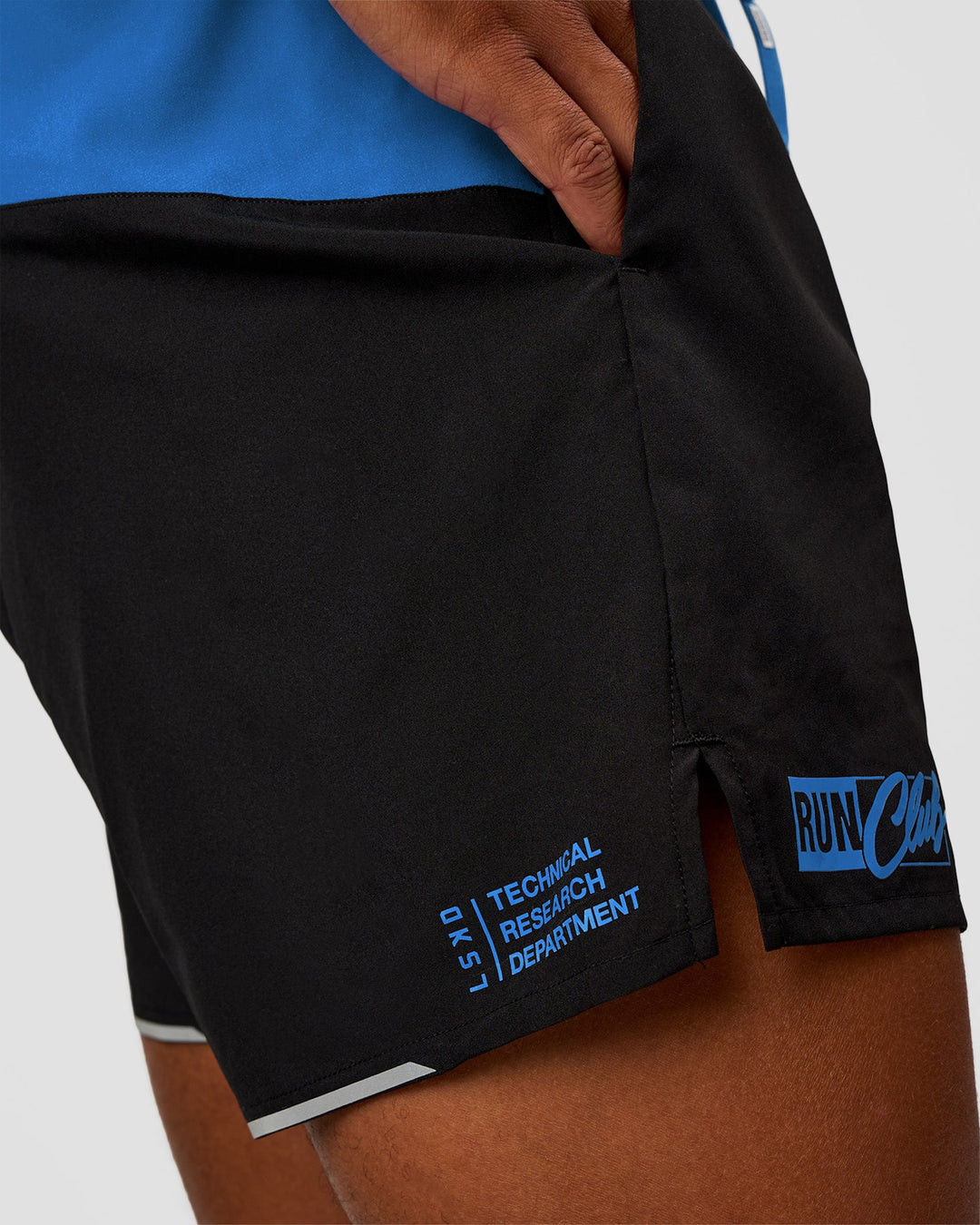 Man wearing Pace 5" Lined Running Short - Black-Palace Blue | Model:Malebo | Size:M