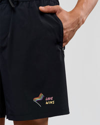 Man wearing Pride Rep 7" Training Shorts - Black - Black | Model:Albert | Size:M
