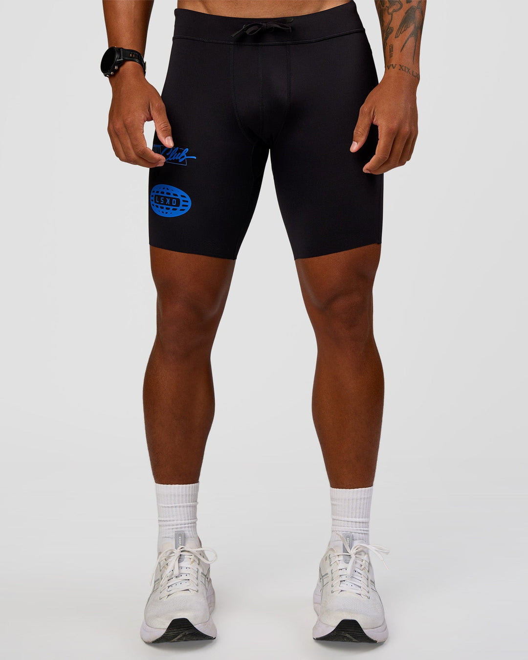 Man wearing Race Day 8" Short Tight - Black-Palace Blue | Model:Malebo | Size:M