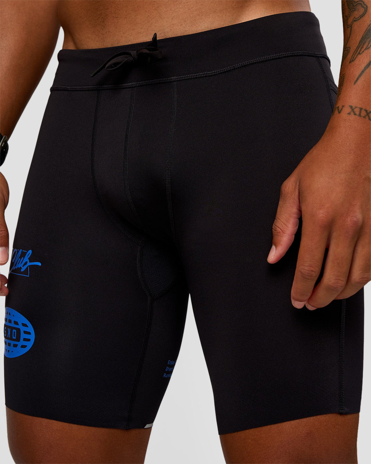 Man wearing Race Day 8" Short Tight - Black-Palace Blue | Model:Malebo | Size:M - view 1