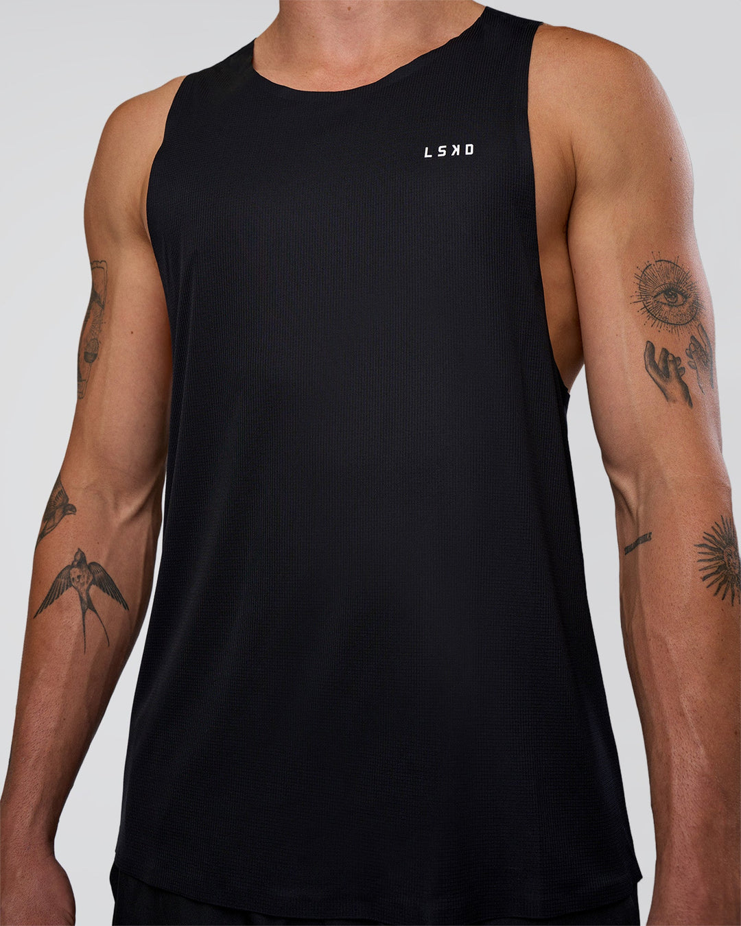 Man wearing Race Day Tank - Black-White | Model:Konnor | Size:M