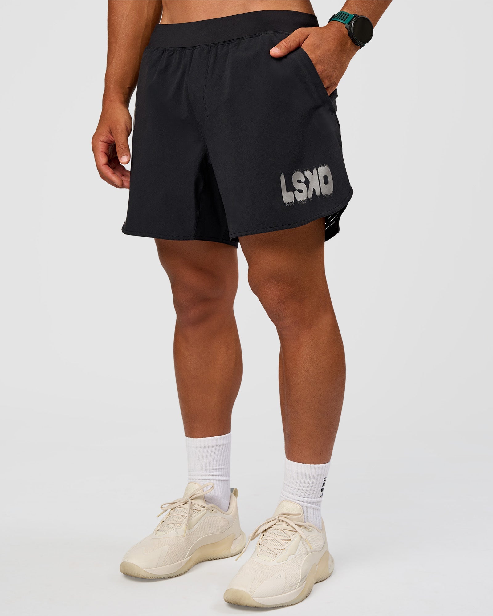 Man wearing Static Grit Lift 6" Short - Black-Alloy | Model:George | Size:M