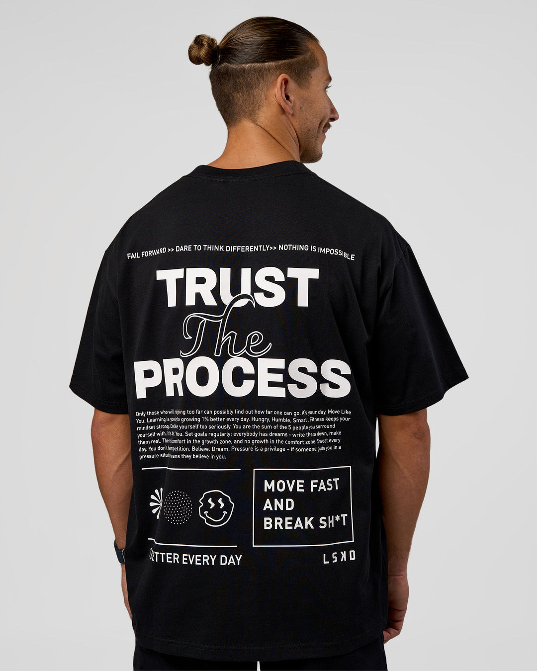 Man wearing Trust The Process Heavyweight Unisex Oversized Tee - Black-White | Model:Jaiden | Size:M
