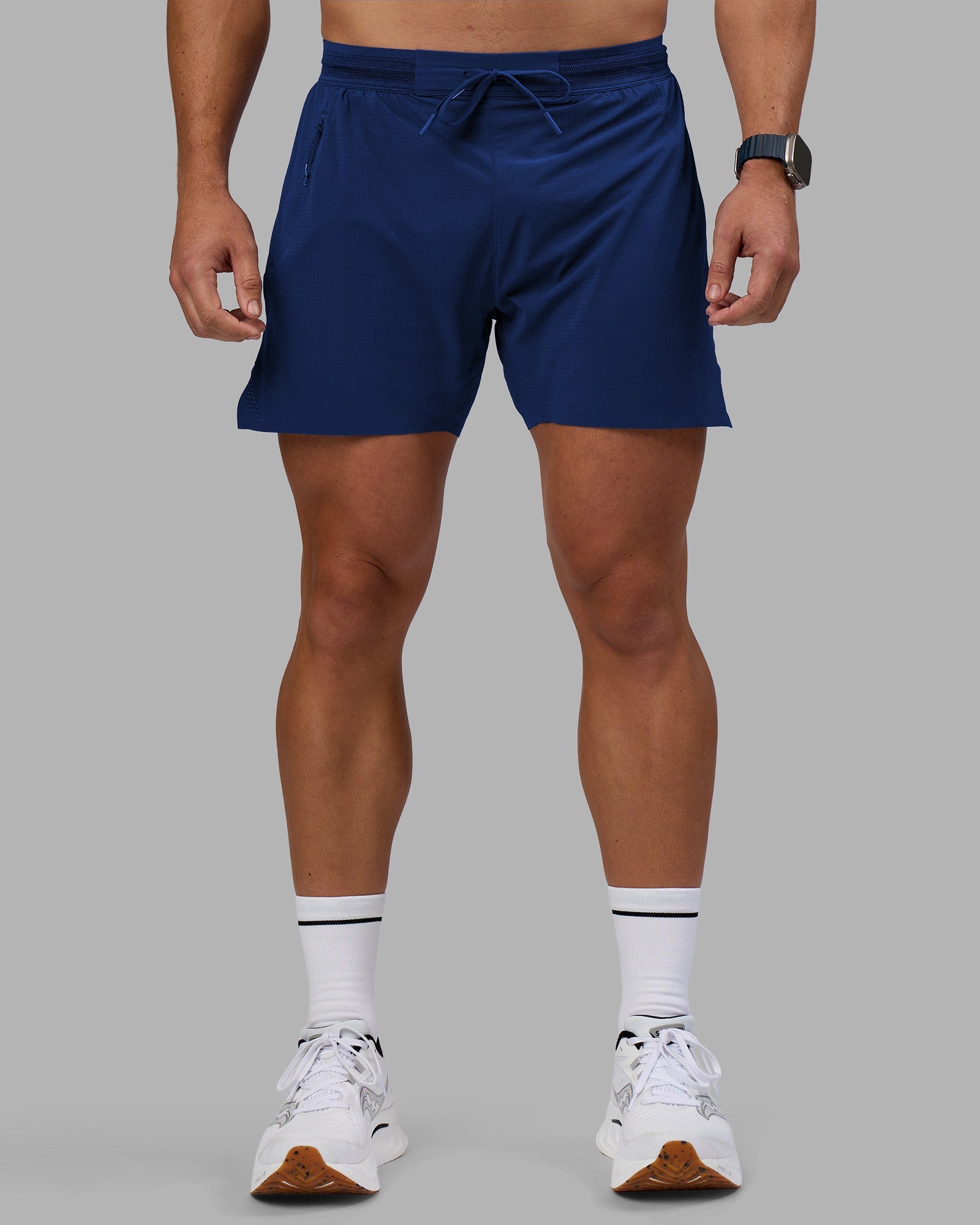 Man wearing UltraAir 5" Lined Performance Short - Midnight Blue | Model:Jaiden | Size:M