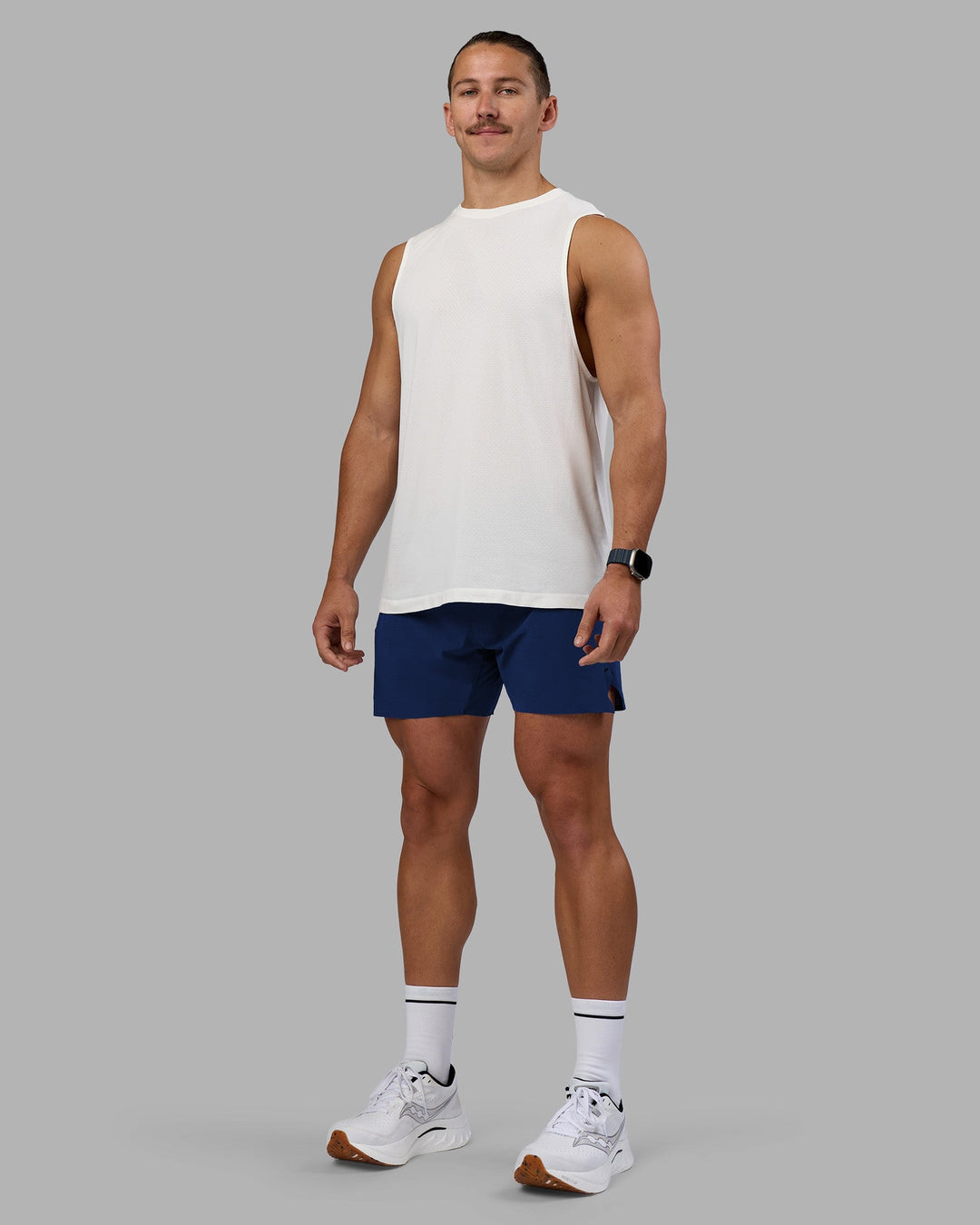 Man wearing UltraAir 5&quot; Lined Performance Short - Midnight Blue | Model:Jaiden | Size:M