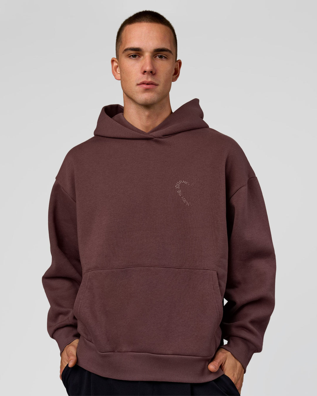 Man wearing Unisex Love The Process Oversize Hoodie - Cocoa Powder-Hot Chocolate | Model:Albert | Size:M