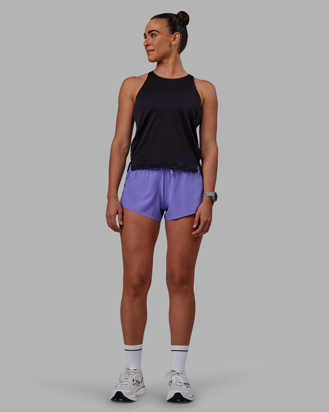 Woman wearing Accelerate Run Shorts - Dahlia Purple