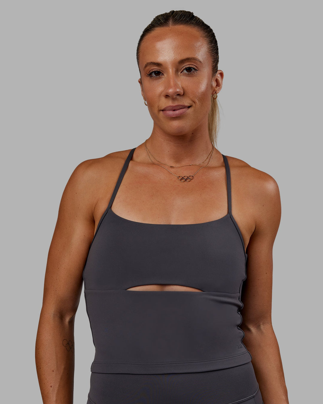 Woman wearing Bree Masters Form Shelf Bra Tank - Stormy