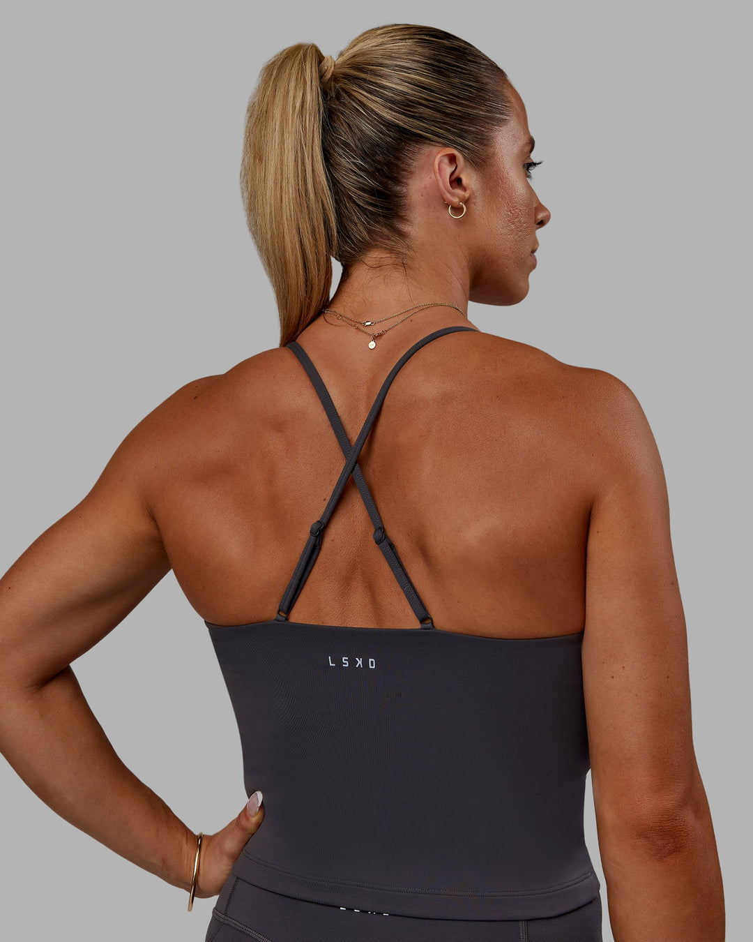 Woman wearing Bree Masters Form Shelf Bra Tank - Stormy