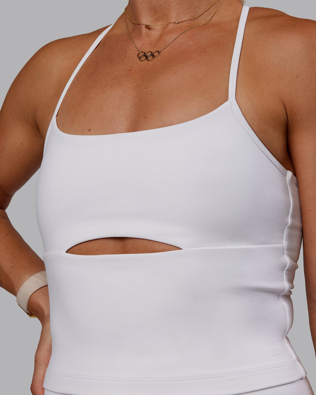 Woman wearing Bree Masters Form Shelf Bra Tank - White