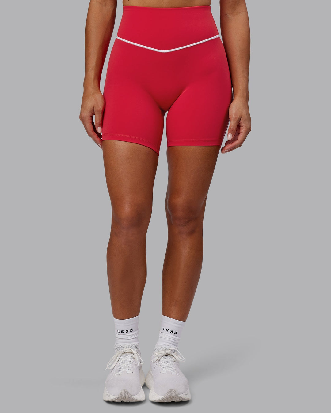 Woman wearing Contrast Mid-Length Shorts - Scarlet-White