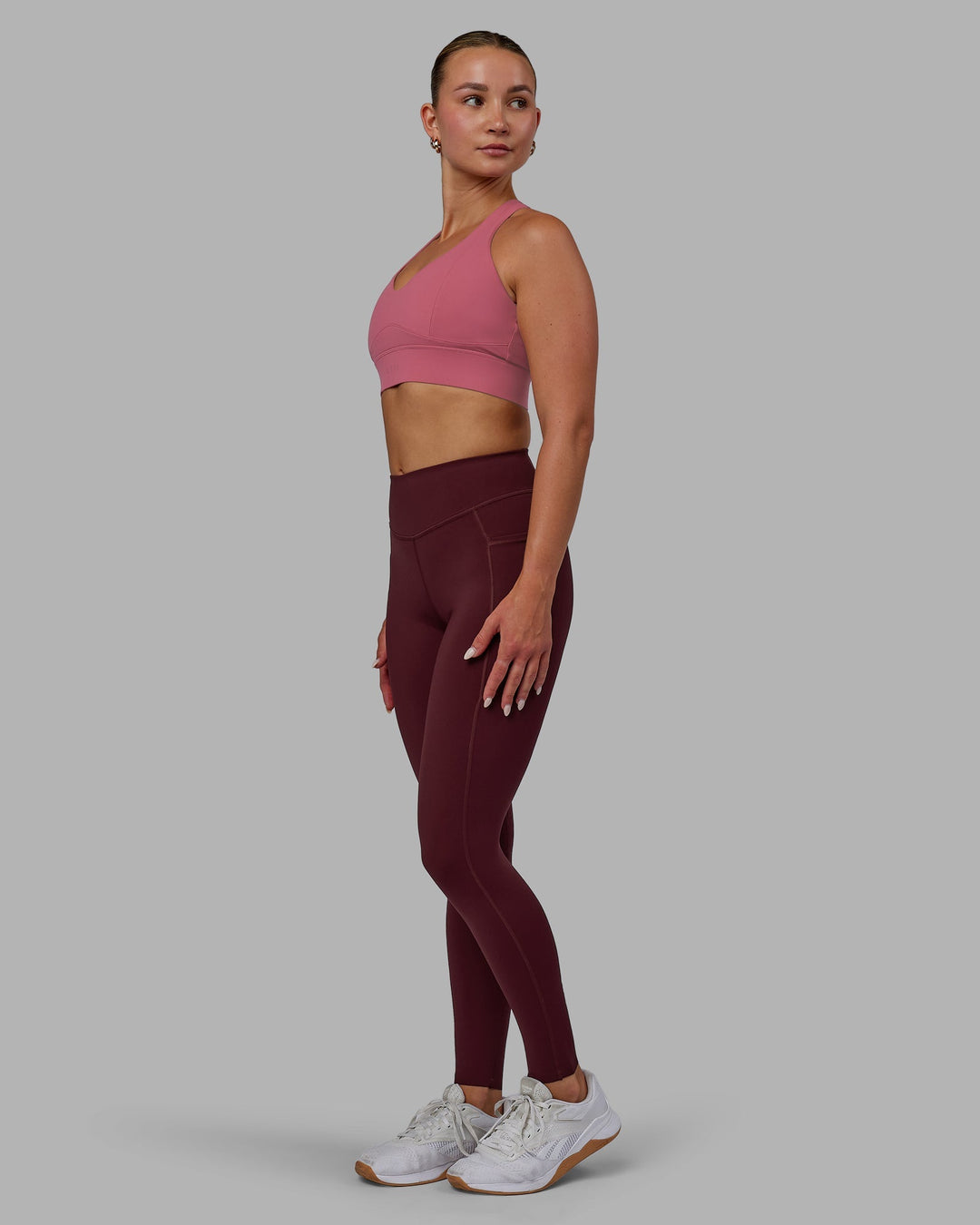 Woman wearing Elite Full Length Leggings - Dark Cherry