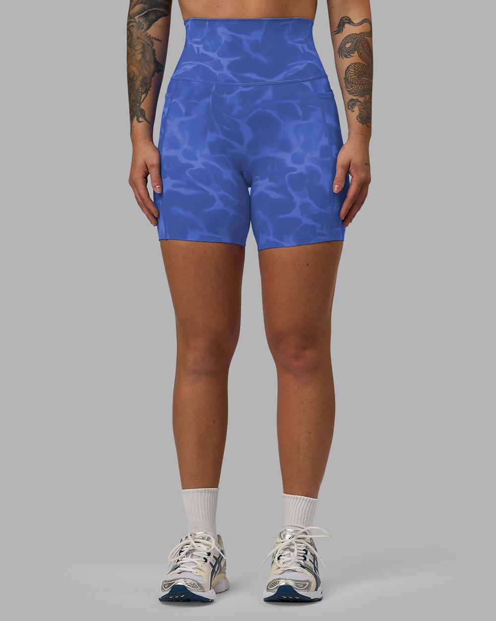 Woman wearing Elixir Mid-Length Shorts With Pockets - Tranquil-Power Cobalt