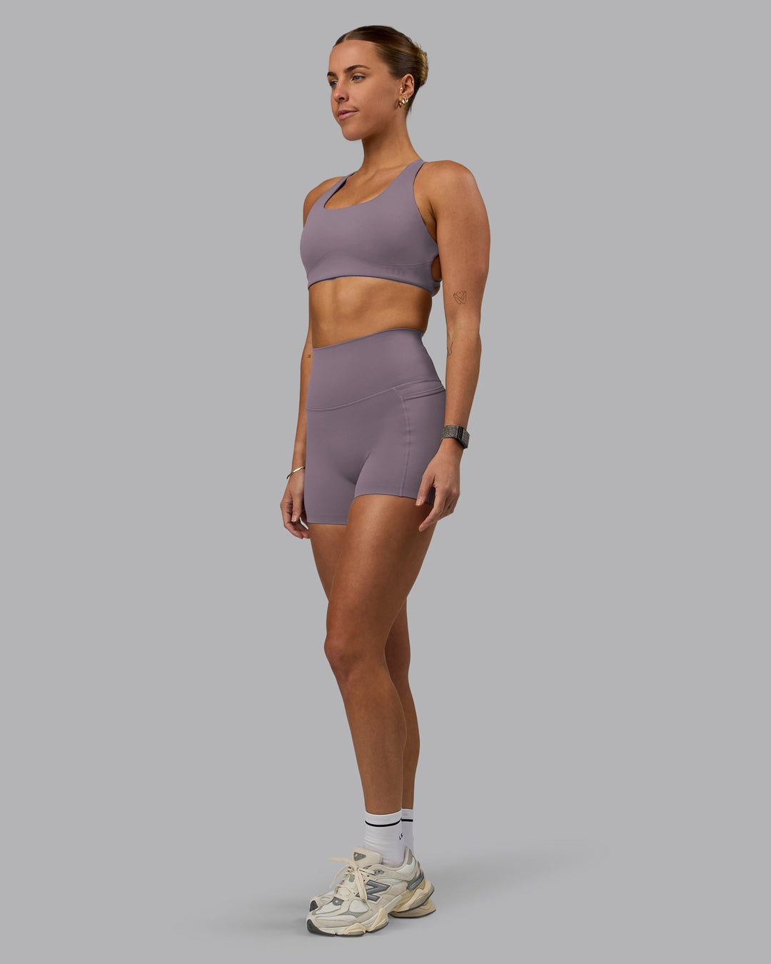 Woman wearing Elixir X-Length Shorts With Pockets - Purple Sage