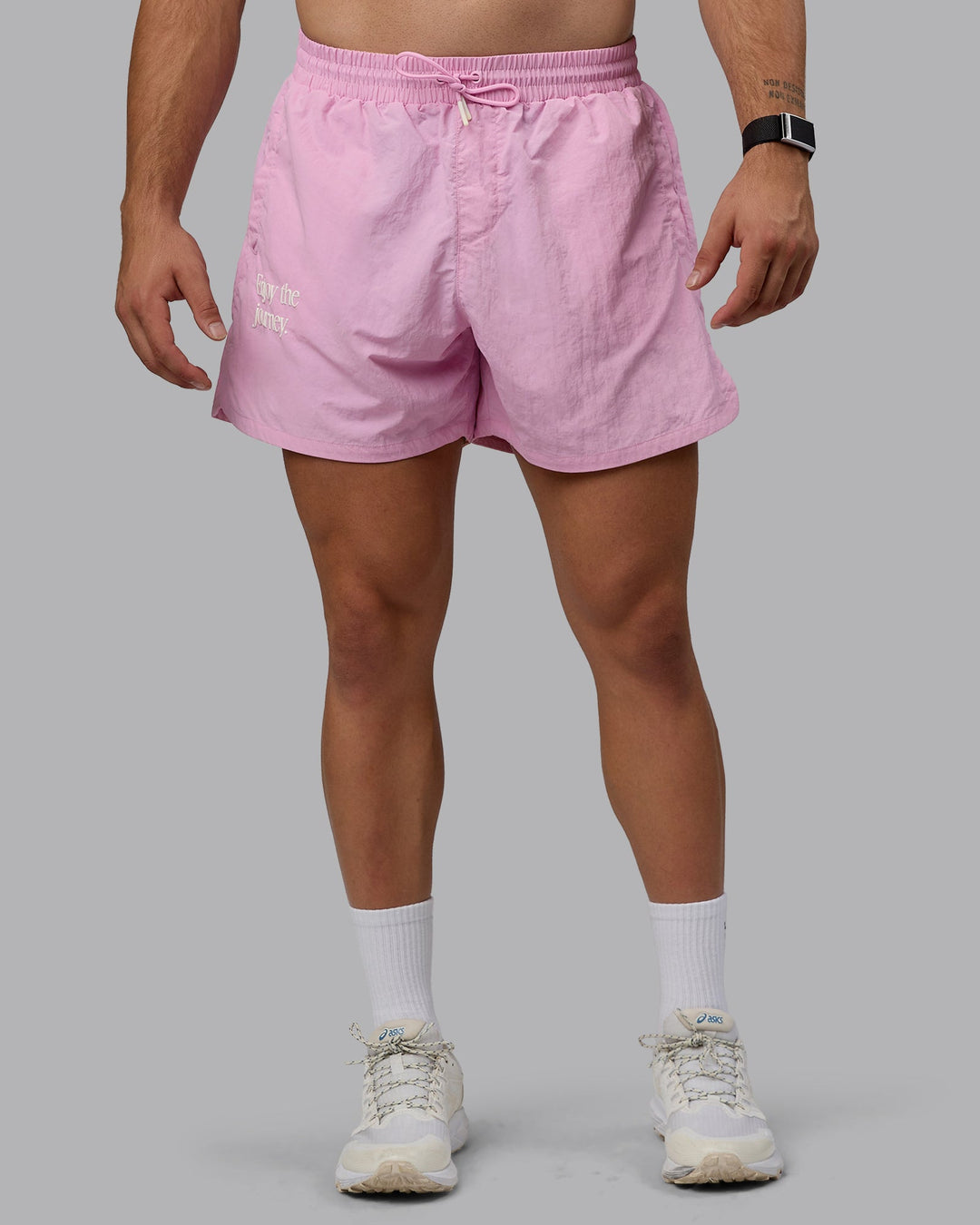 Man wearing Enjoy The Journey 5" Shorts - Bubblegum