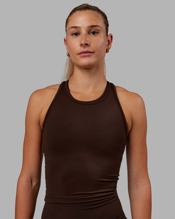 Woman wearing Flow Racerback Tank - Dark Chocolate
