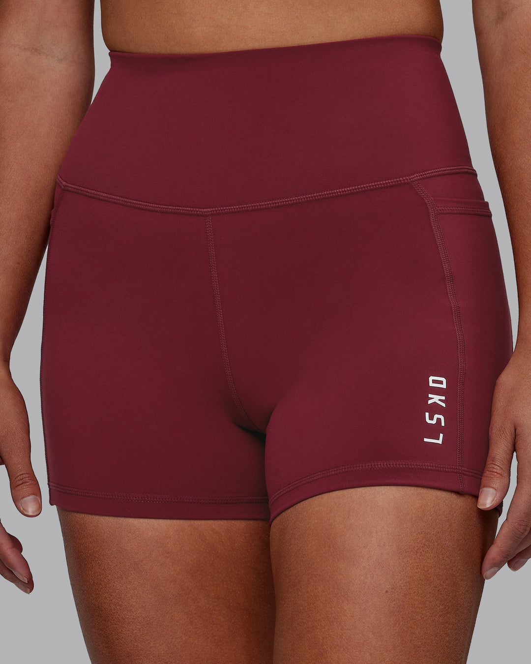 Women Wearing Flux Ultra High-Rise 4" Short Pockets - Cranberry