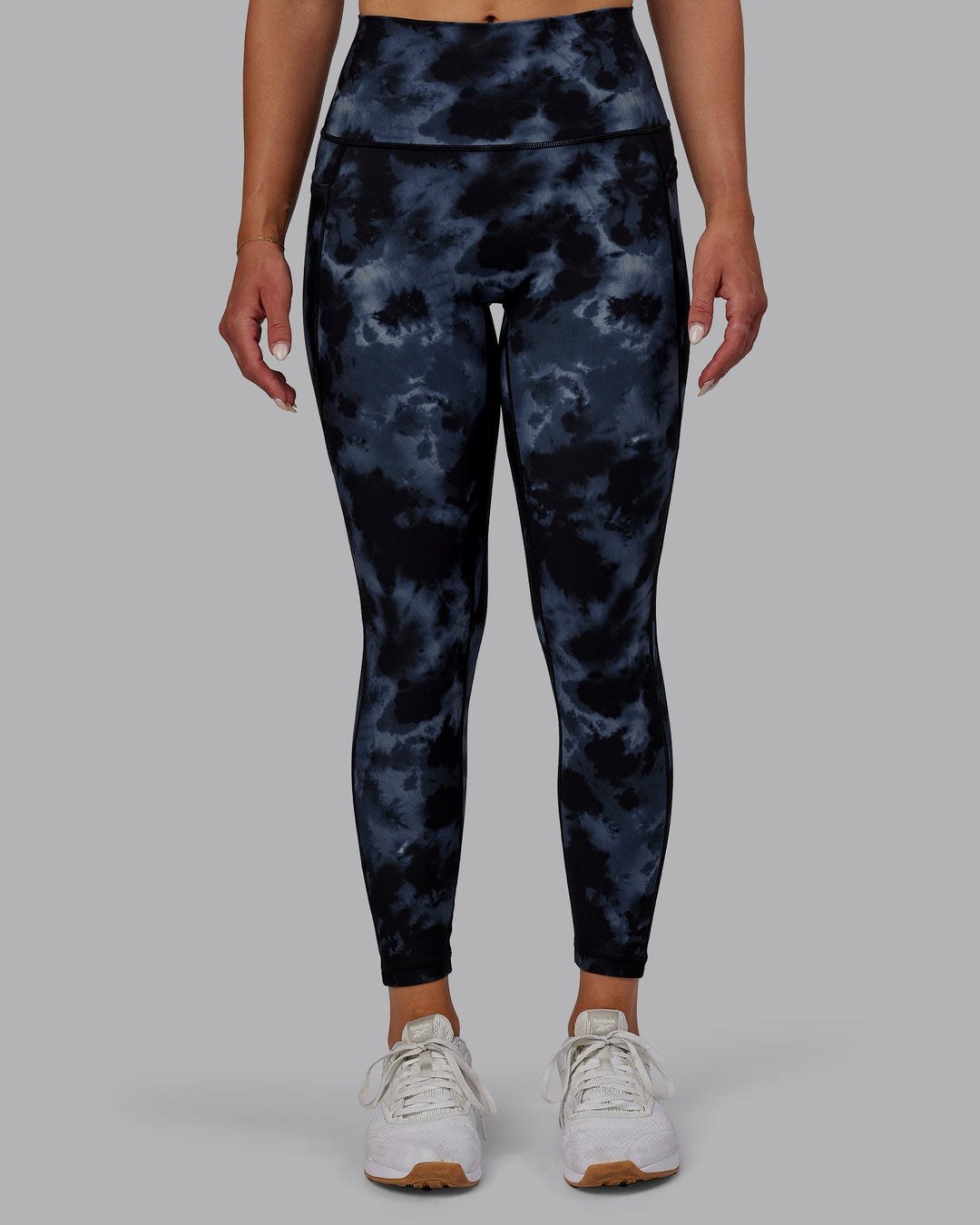 Woman wearing Fusion 7/8 Length Leggings - Tie Dye-Midnight