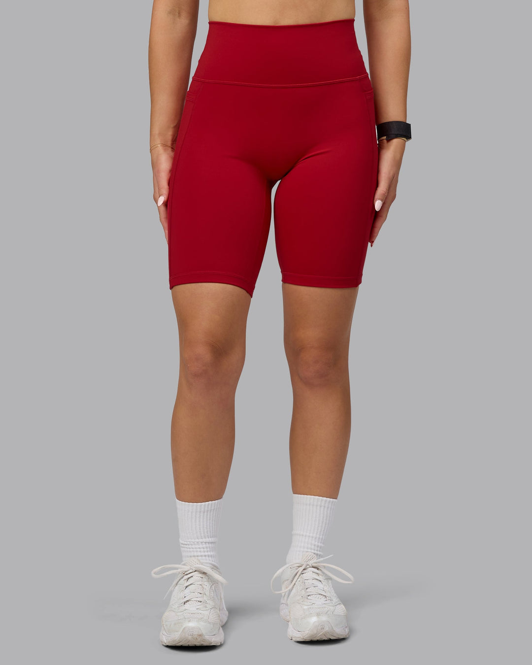 Woman wearing Fusion Bike Shorts with Pockets - Cherry Red