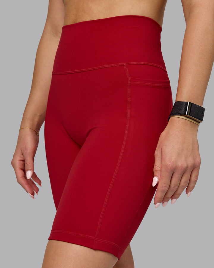 Woman wearing Fusion Bike Shorts with Pockets - Cherry Red
