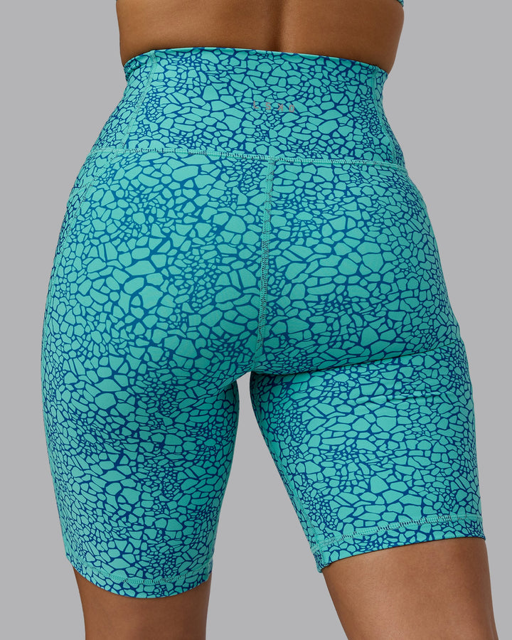 Woman wearing Fusion Bike Shorts - Aquatic Awe Vitality Print
