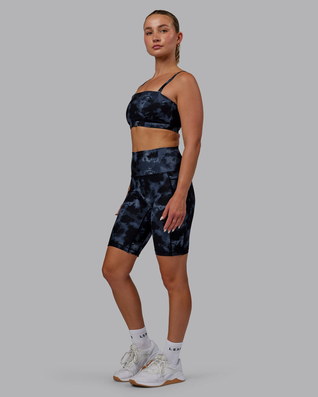 Woman wearing Fusion Bike Shorts - Tie Dye-Midnight