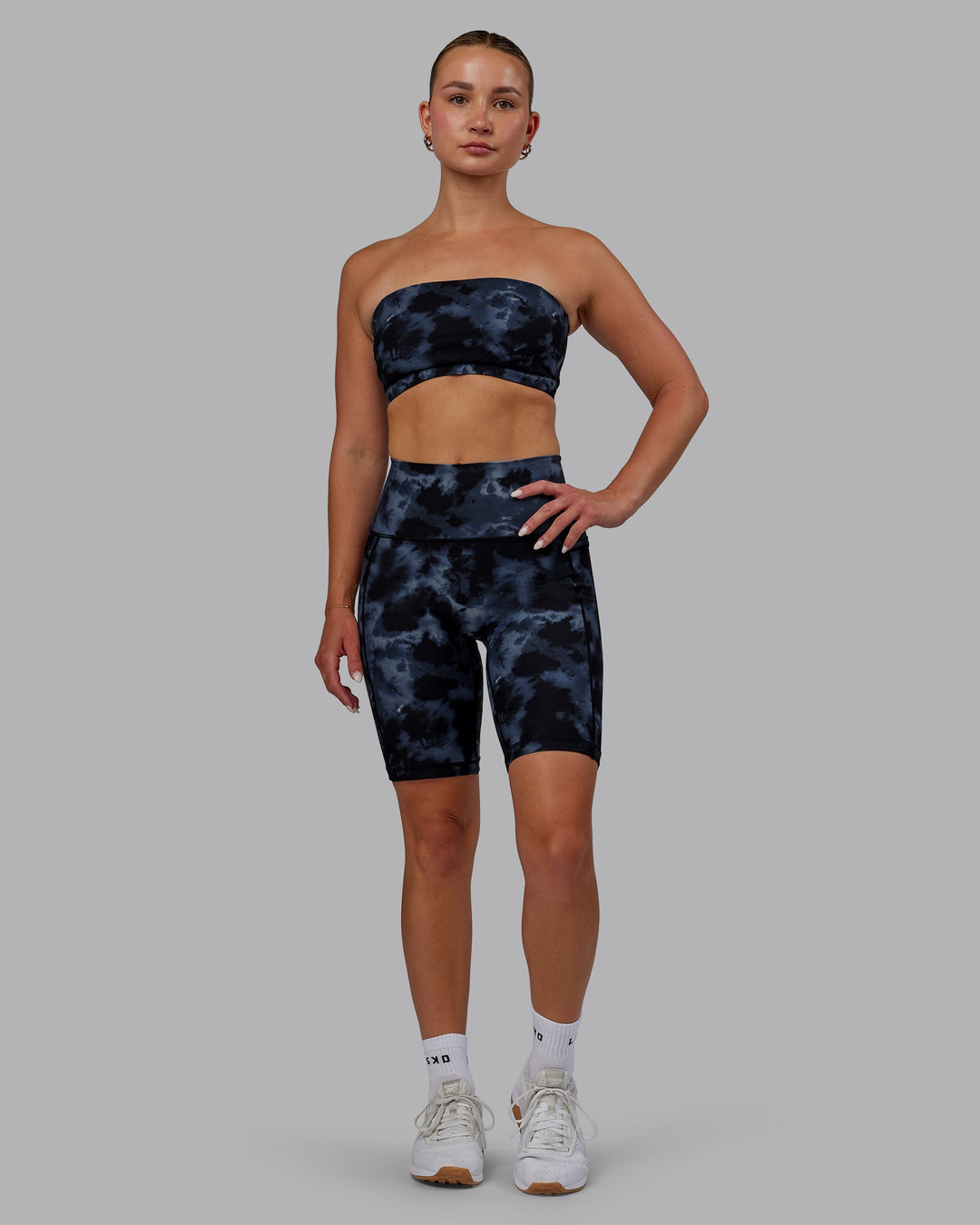 Woman wearing Fusion Bike Shorts - Tie Dye-Midnight