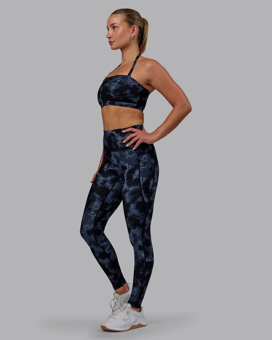 Woman wearing Fusion Full Length Leggings - Tie Dye-Midnight