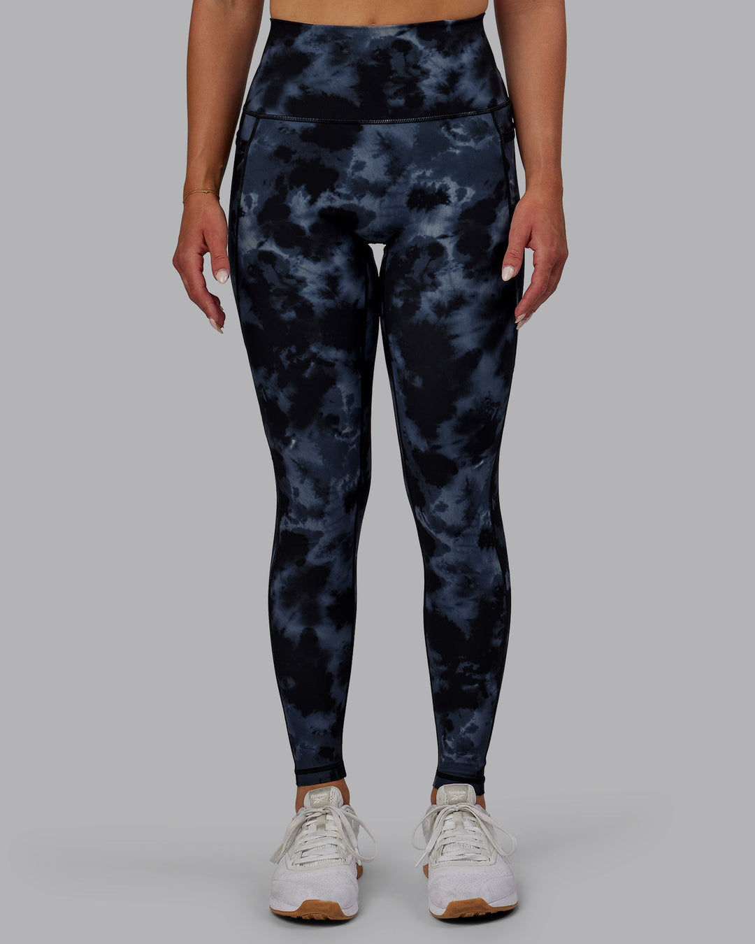 Woman wearing Fusion Full Length Leggings - Tie Dye-Midnight