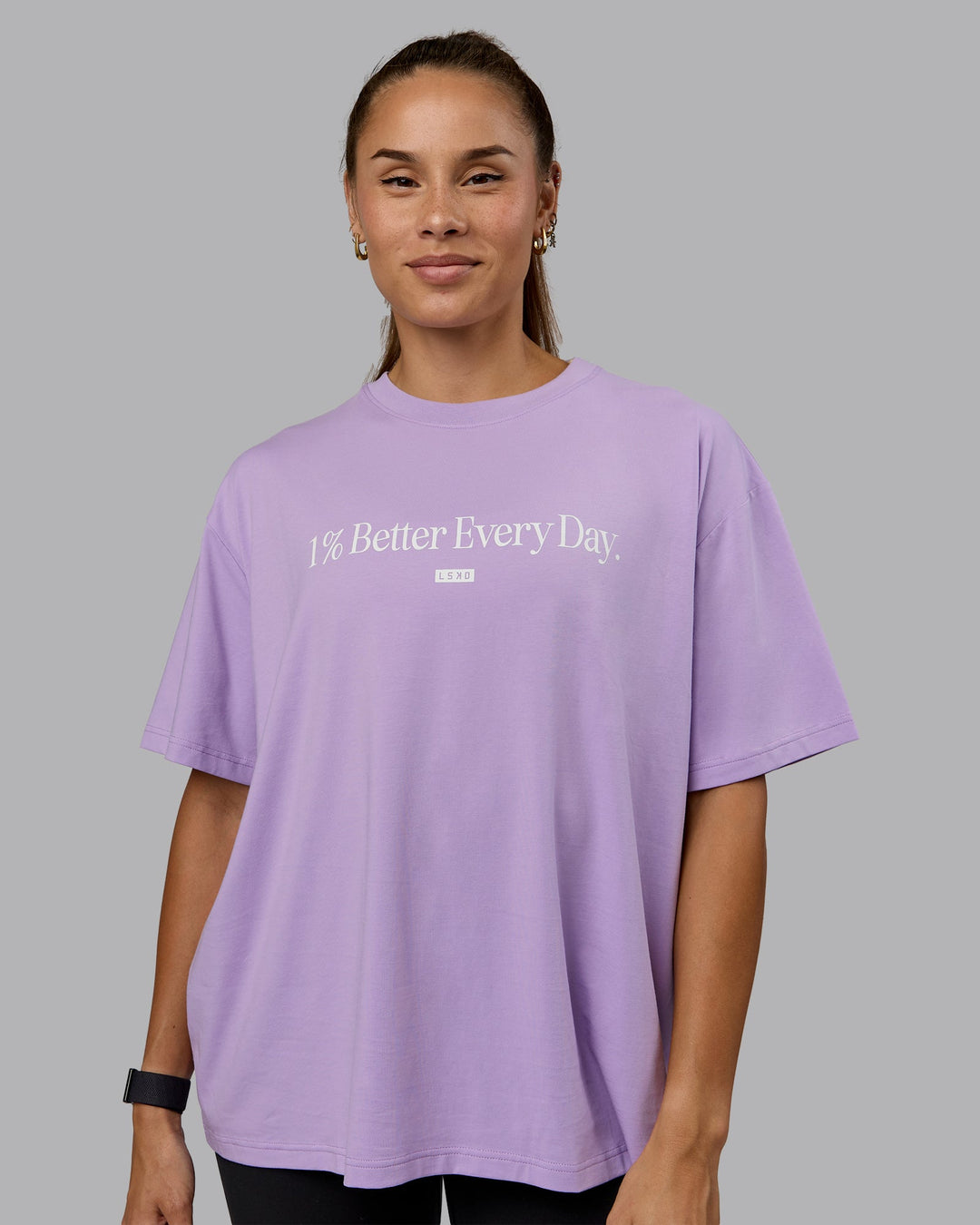 Woman wearing Go-To 1% Better FLXCotton Oversized Tee - Pale Lilac-White