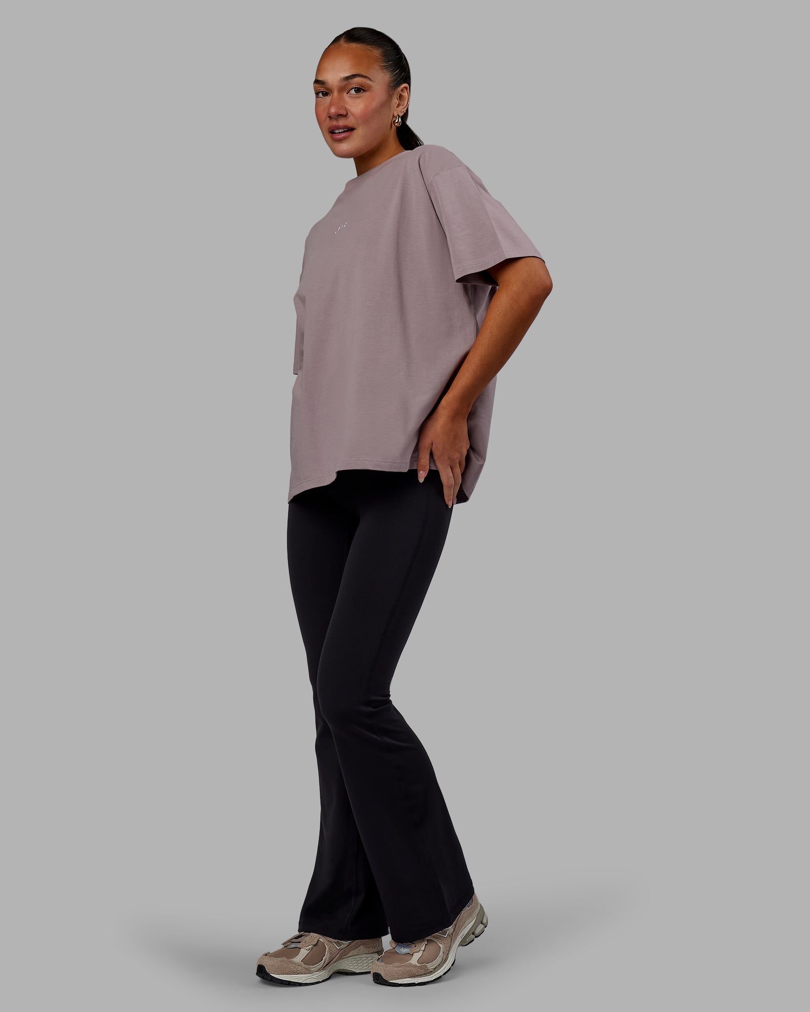 Woman wearing Go-To FLXCotton Oversized Tee - Greyish Purple