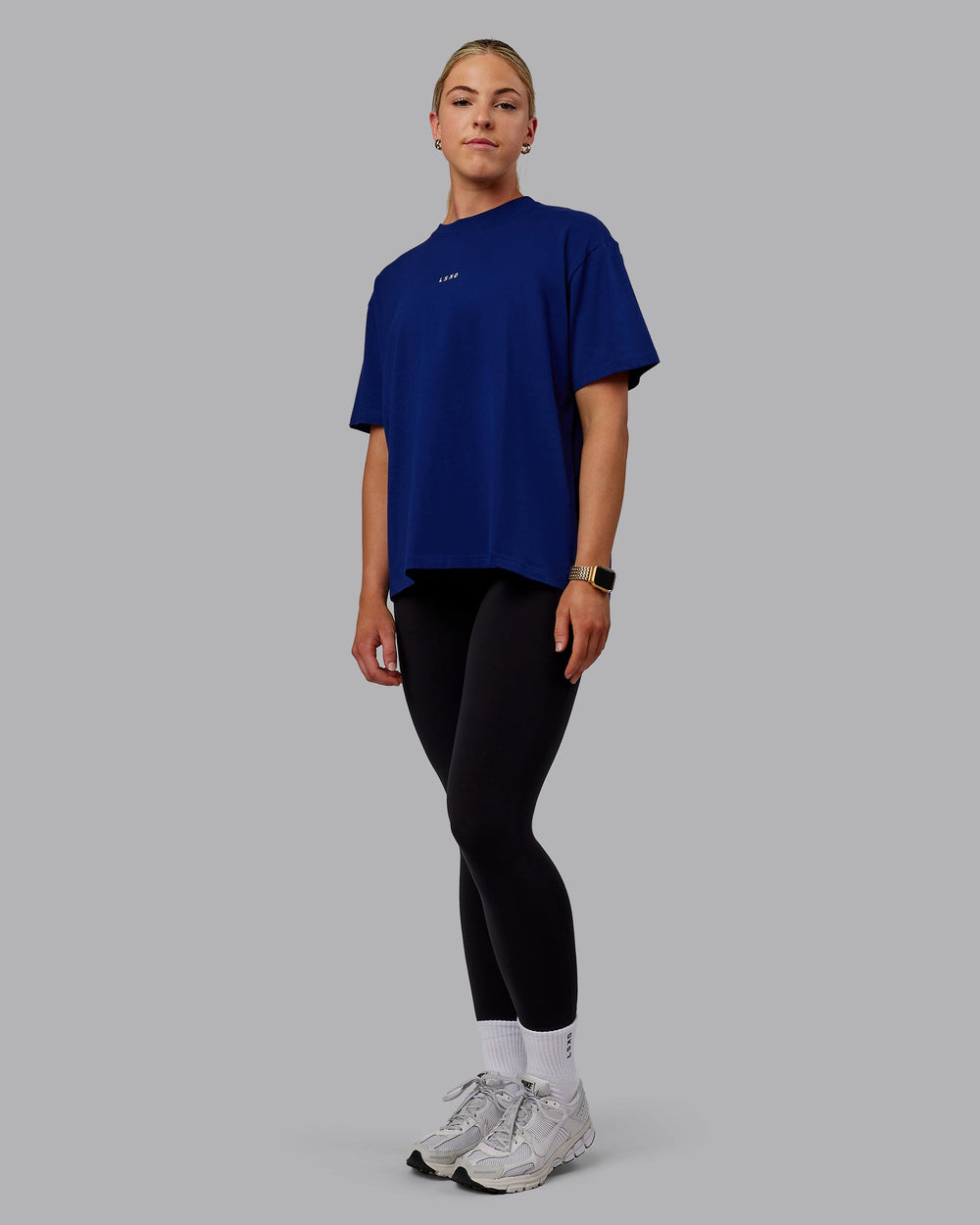 Woman wearing Go-To FLXCotton Oversized Tee - Midnight Blue