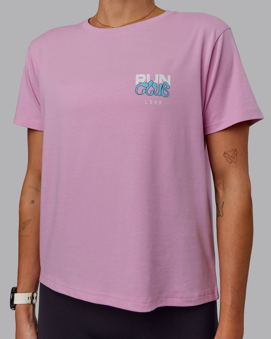 Woman wearing Gone Running FLXCotton Tee - Bubblegum-Skyride