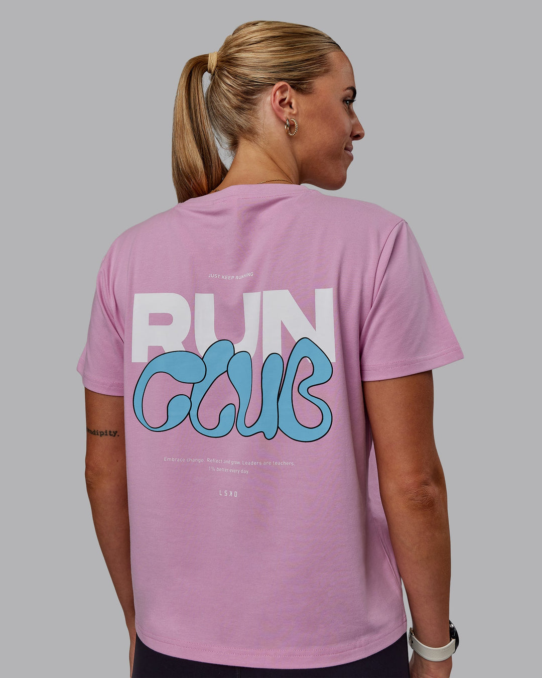 Woman wearing Gone Running FLXCotton Tee - Bubblegum-Skyride