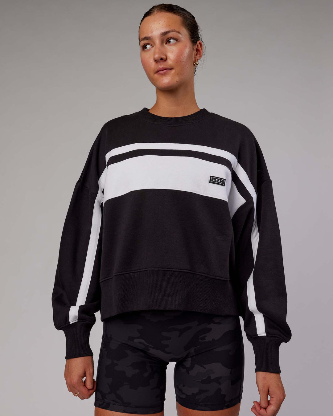 Woman wearing Intercept Sweater - Black-White