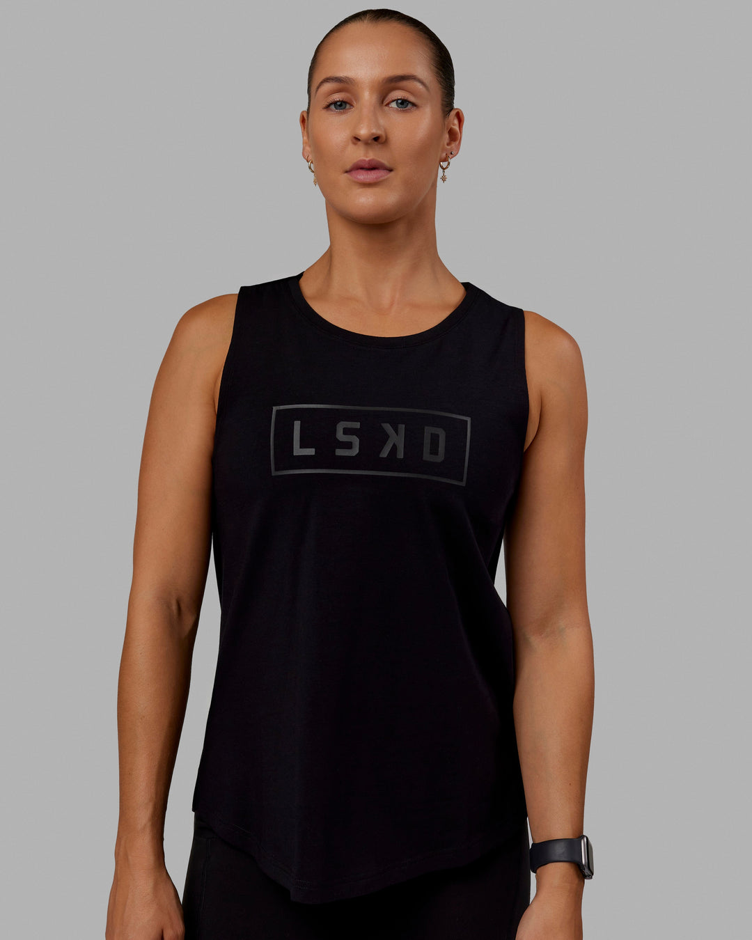 Woman wearing Luna FLXCotton Longline Tank - Black-Black