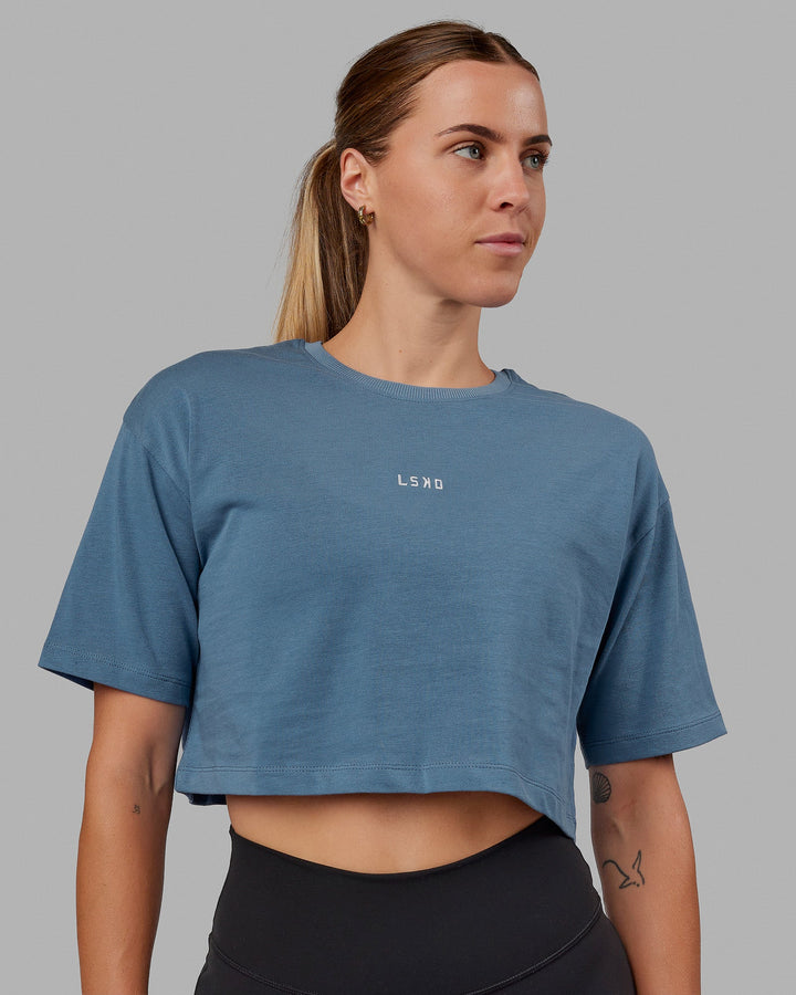 Woman wearing MVP Heavyweight Cropped Tee - Elemental Blue
