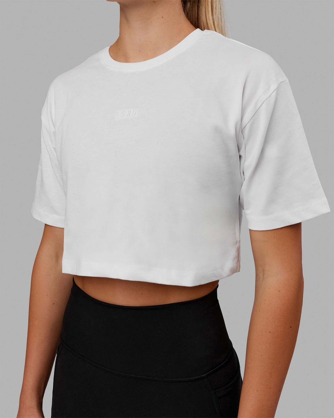 Woman wearing MVP Heavyweight Cropped Tee - White