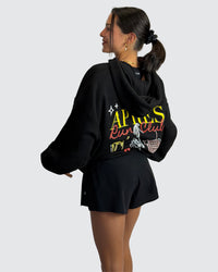 Woman wearing Oversized Apres Run Club MVP Hoodie - Black | Model:Meg | Size:XS
