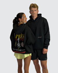 Duo wearing Oversized Apres Run Club MVP Hoodie - Black | Model:Both | Size:Duo