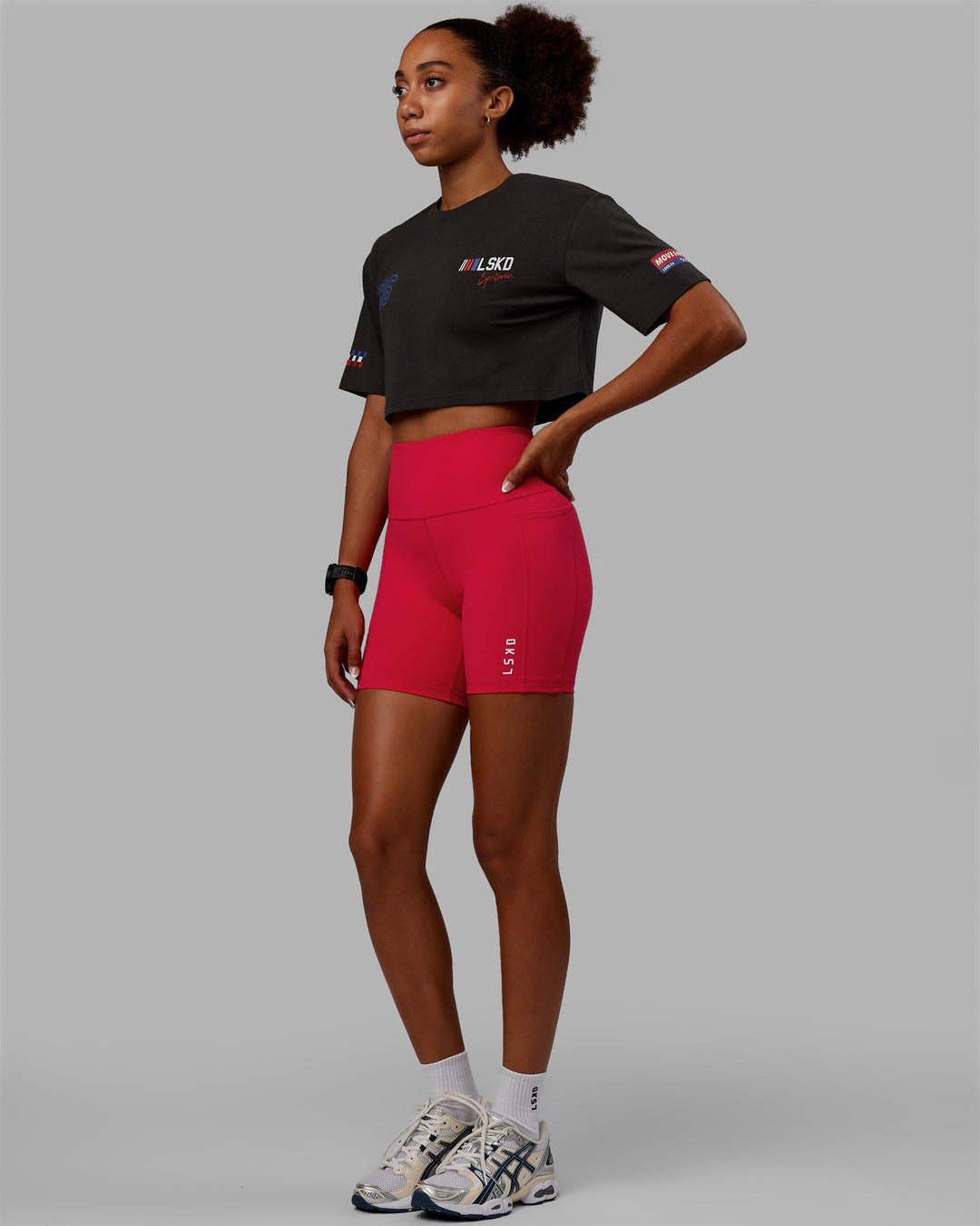 Woman wearing Redline FLXCotton Cropped Tee - Pirate Black-White