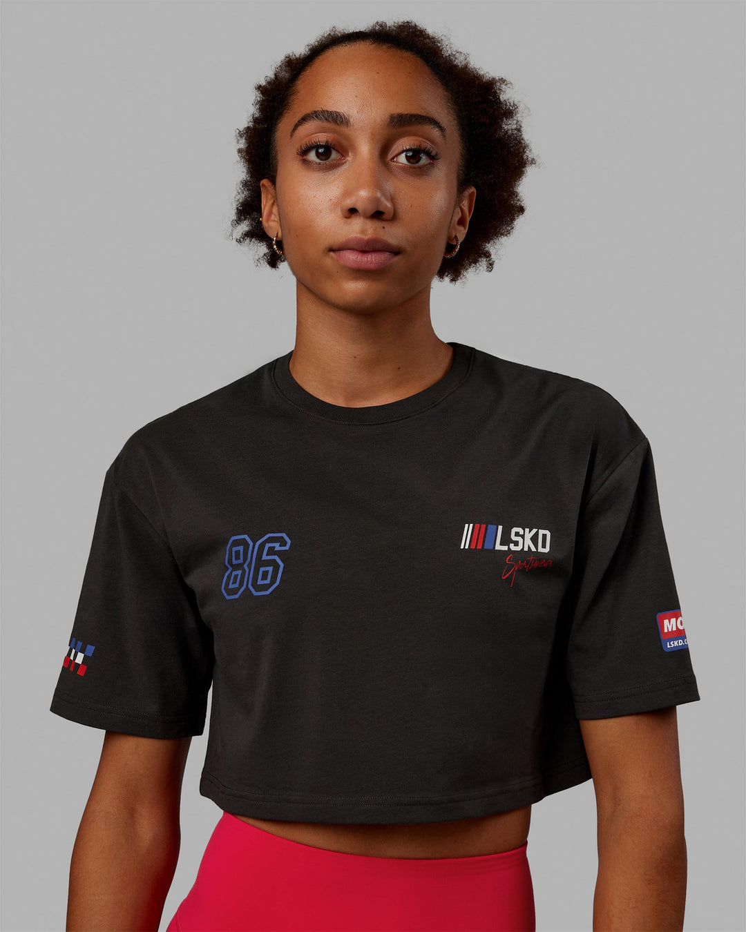 Woman wearing Redline FLXCotton Cropped Tee - Pirate Black-White