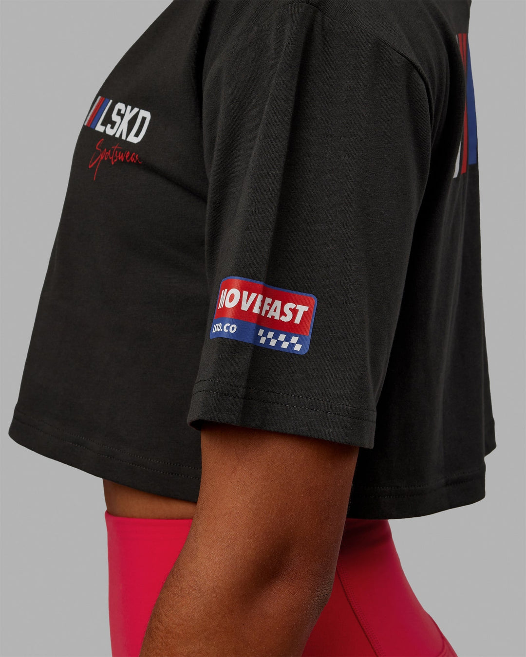 Woman wearing Redline FLXCotton Cropped Tee - Pirate Black-White