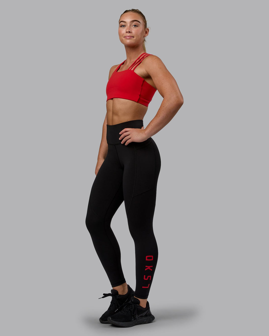 Woman wearing Rep 7/8 Length Tights - Black-Crimson