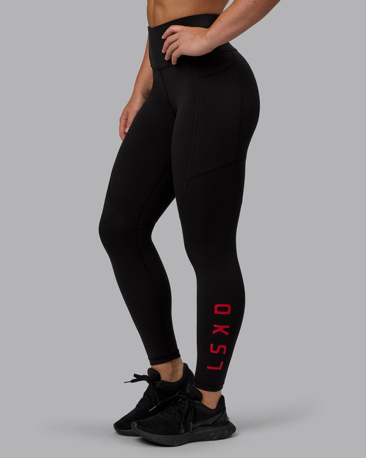 Woman wearing Rep 7/8 Length Tights - Black-Crimson
