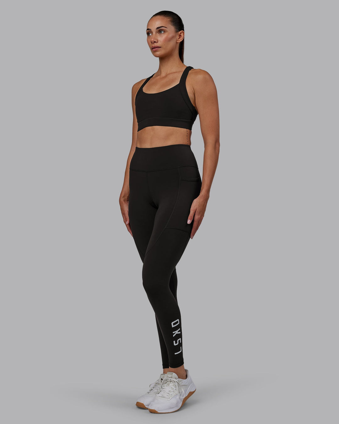 Woman wearing Rep Full Length Leggings - Pirate Black-White