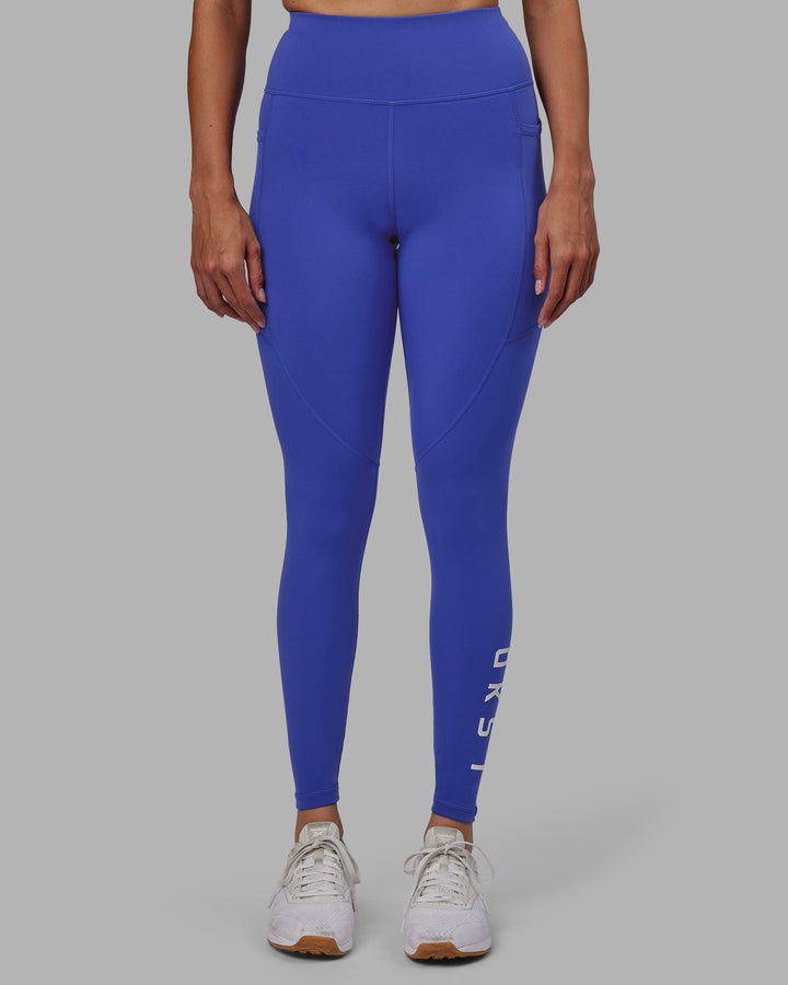 Woman wearing Rep Full Length Leggings - Power Cobalt-White
