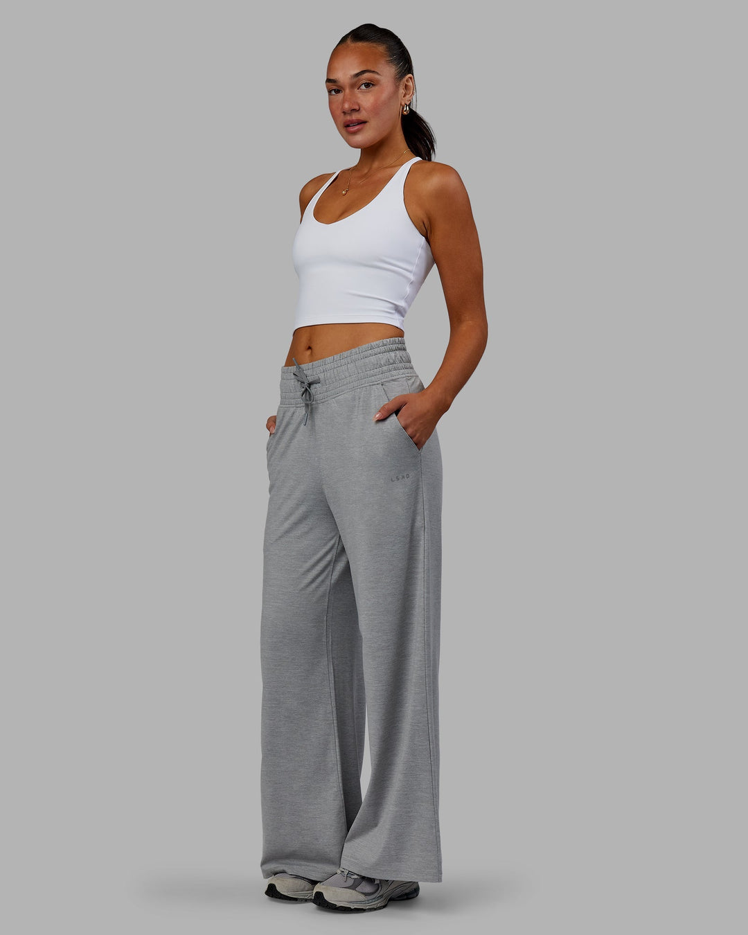 Woman wearing Restore CloudFLX Wide Leg Pants - Light Grey Marl