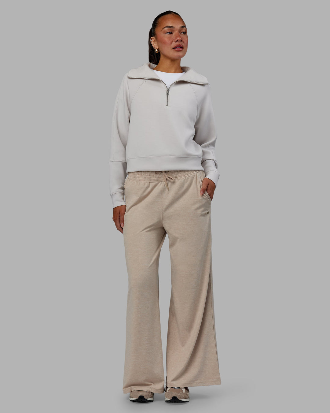 Woman wearing Restore CloudFLX Wide Leg Pants - Oatmeal Marl