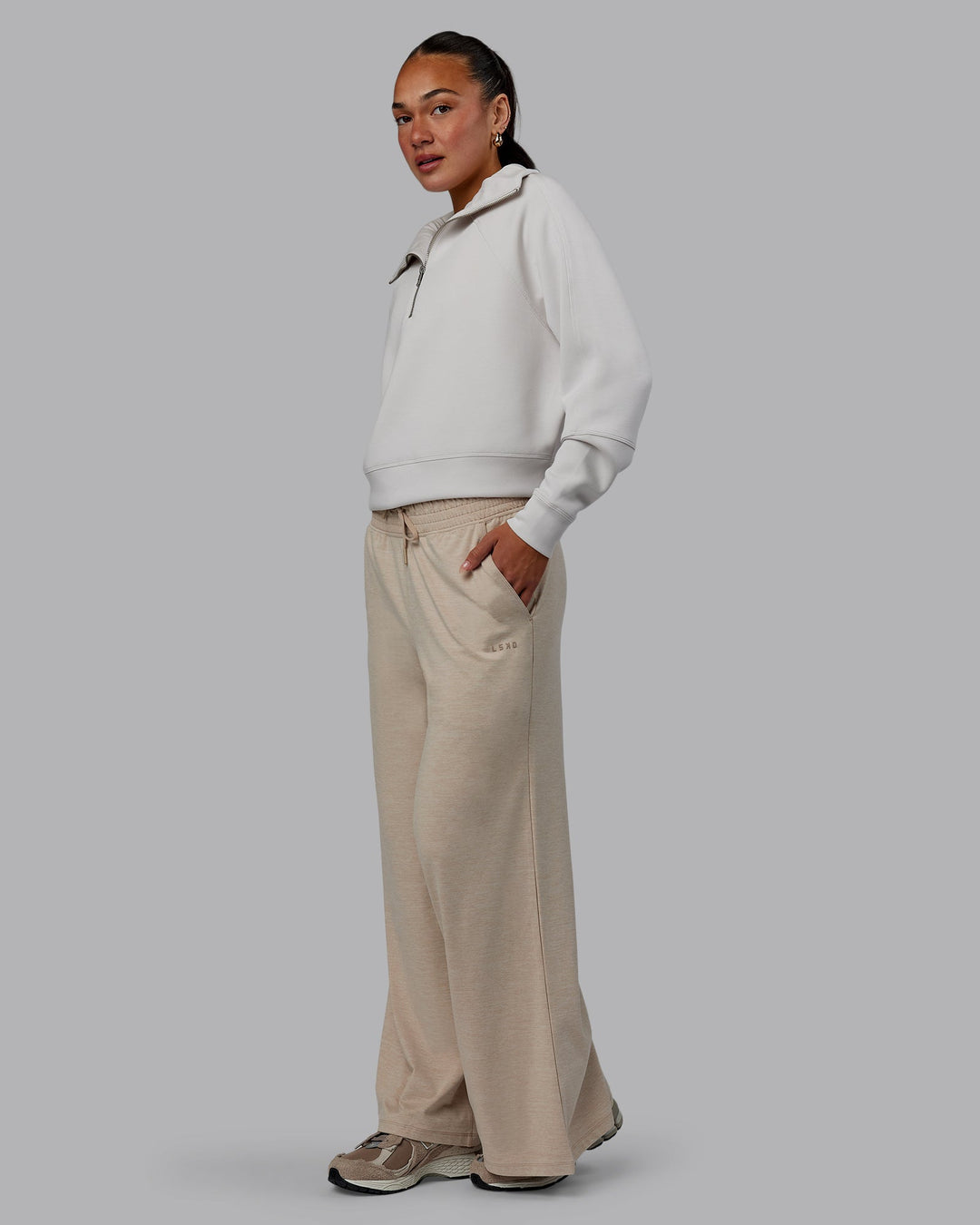 Woman wearing Restore CloudFLX Wide Leg Pants - Oatmeal Marl